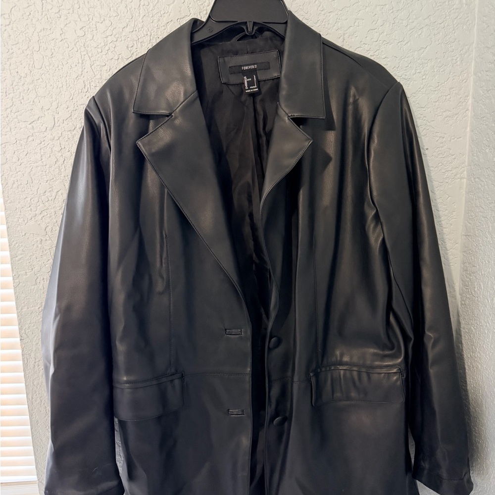 Black Faux Leather Blazer Jacket